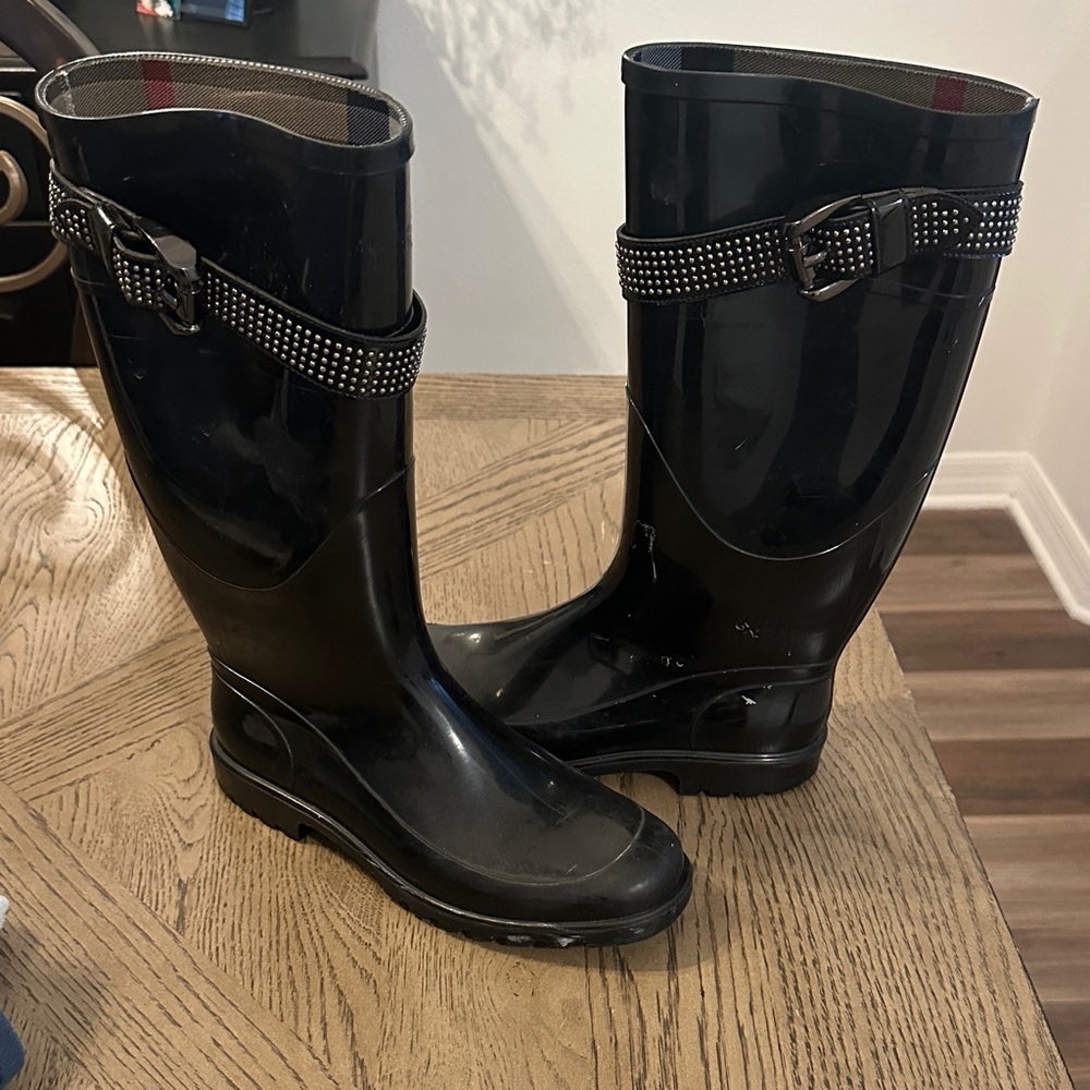 Burberry Black Rain Boots with Studded Buckle